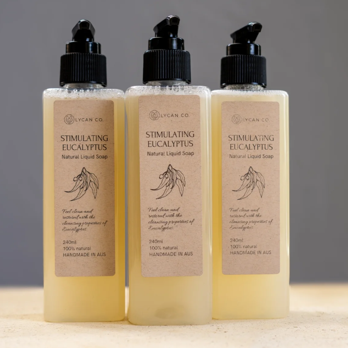 Stimulating eucalyptus liquid soap with natural ingredients and dispenser pump.