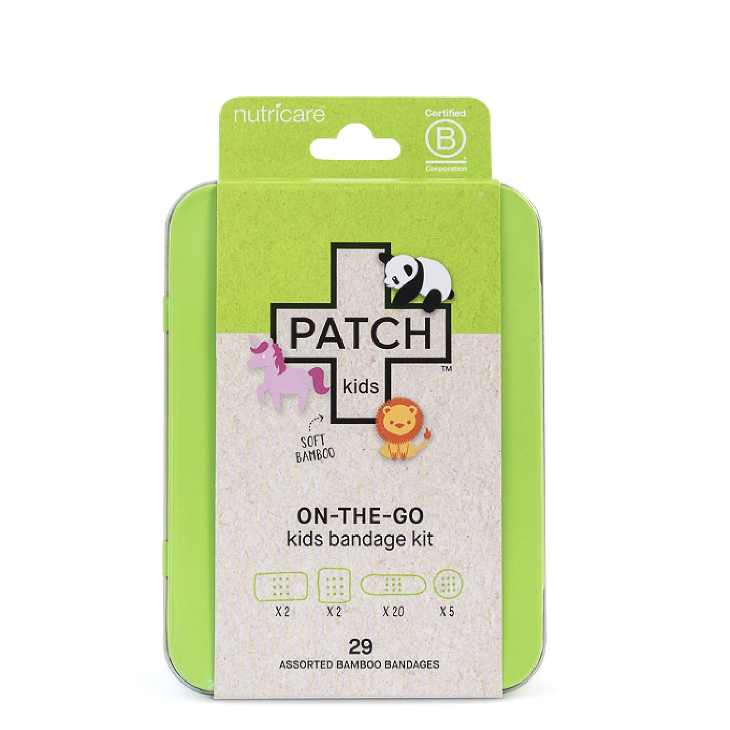 Kids travel bandage kit with panda, unicorn, and lion designs, bamboo fabric, in a refillable tin.