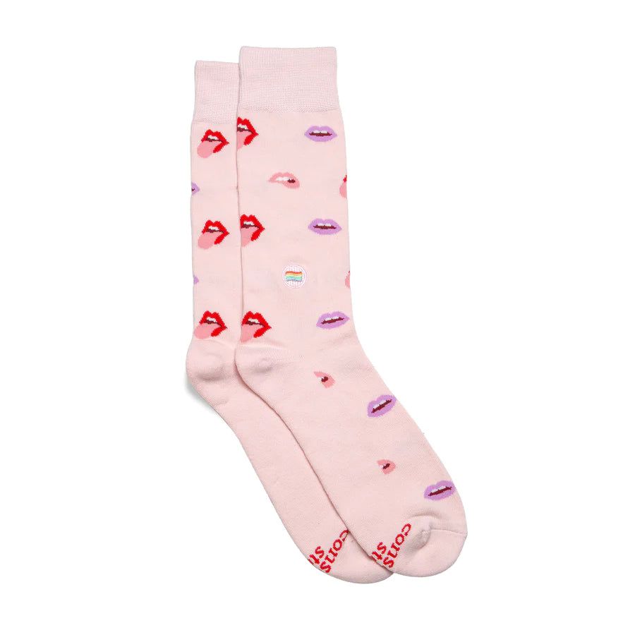 Pink socks with lips design, support LGBTQ, Fairtrade organic cotton.