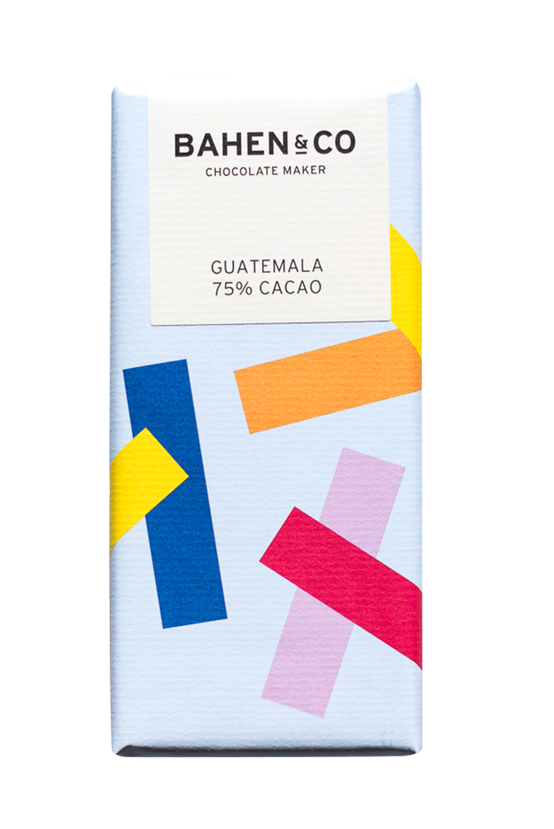 Bahen & Co Guatemala 75% Cacao chocolate bar packaging with colorful geometric design.