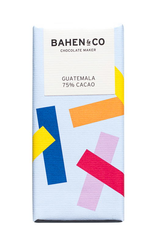 Bahen & Co Guatemala 75% Cacao chocolate bar packaging with colorful geometric design.