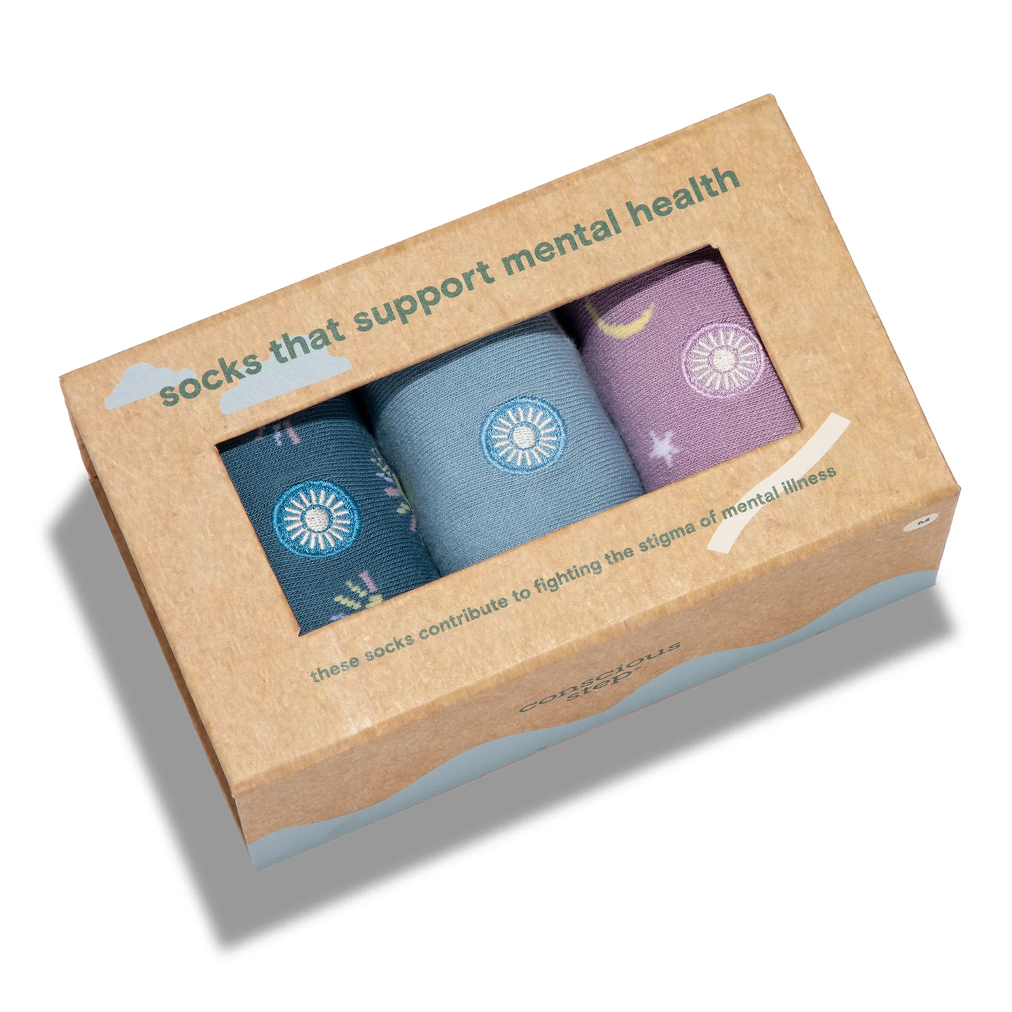 Gift box containing three pairs of celestial-inspired socks by Conscious Step to support mental health.