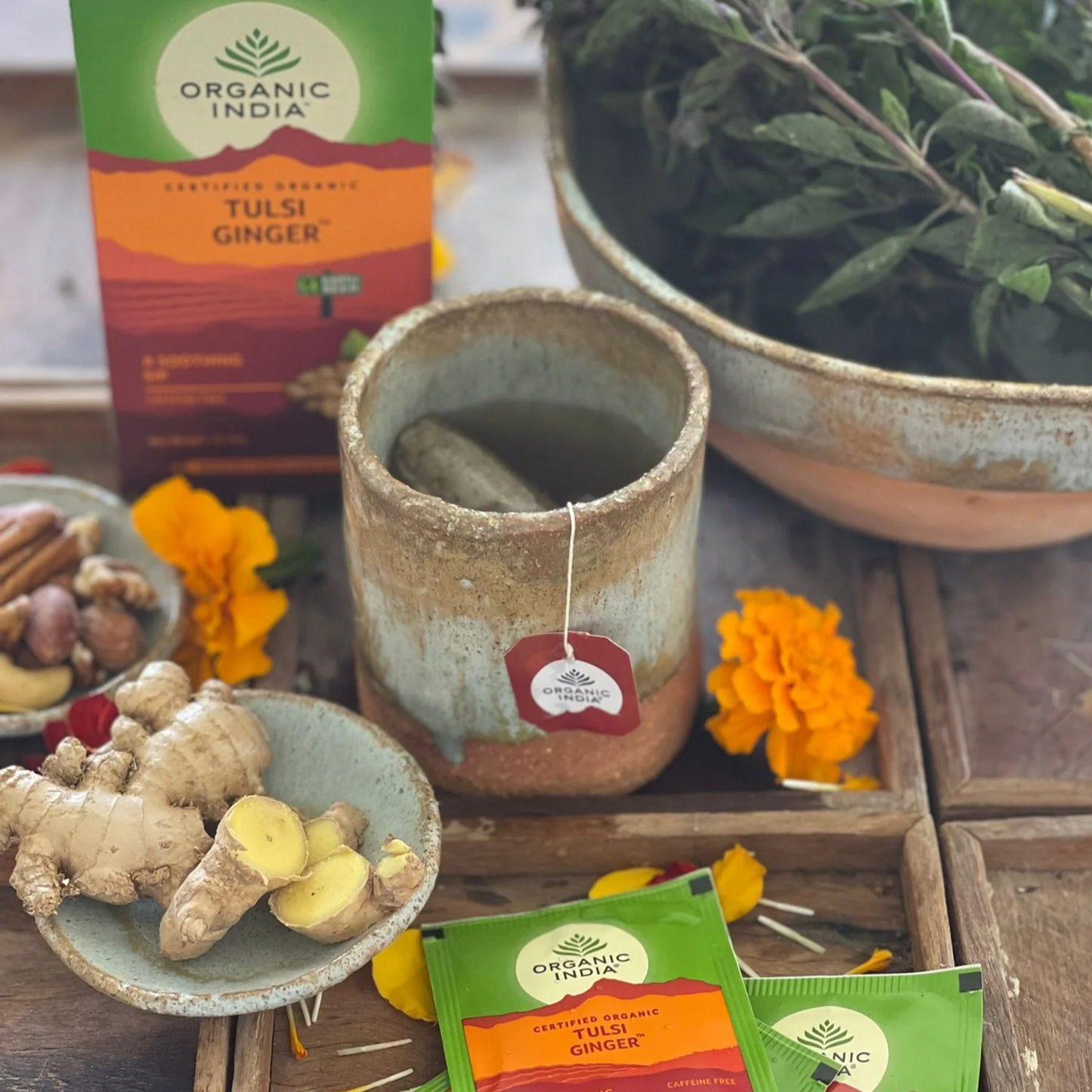 Organic India - Tulsi GingerThis uplifting combination of Ginger and Tulsi including Rama, Krishna and Vana stimulates the senses, providing an exciting yet relaxing blend. This exotic flavour Organic India
