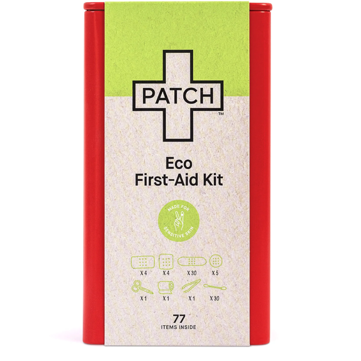 Eco-friendly first-aid kit in a red tin with 77 items including bamboo bandages, tweezers, and scissors. Ideal for camping or car use.