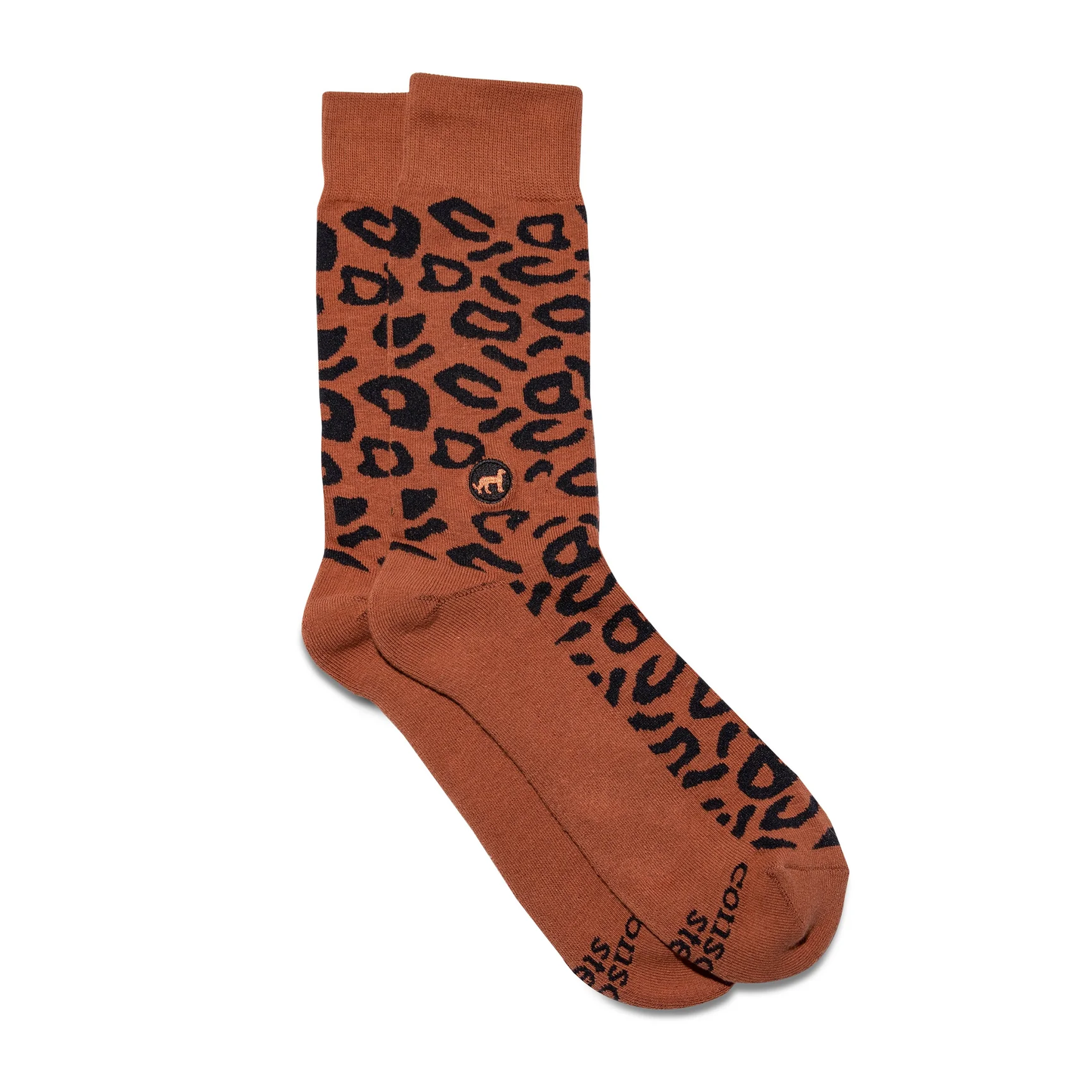 Rust-colored socks with black cheetah pattern by Conscious Step, Fairtrade Organic Cotton.