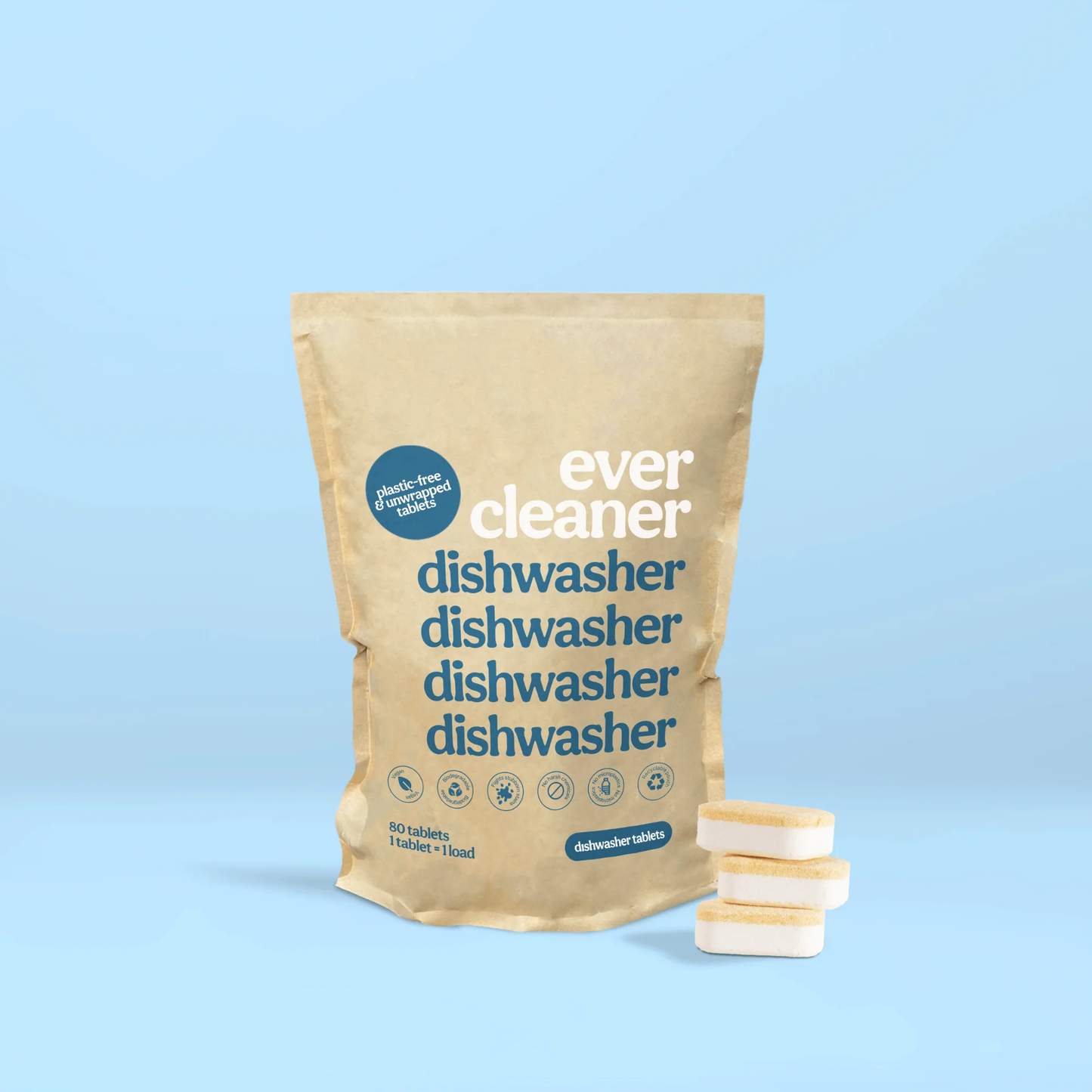 Eco-friendly Evercleaner dishwasher tablets with compostable packaging.
