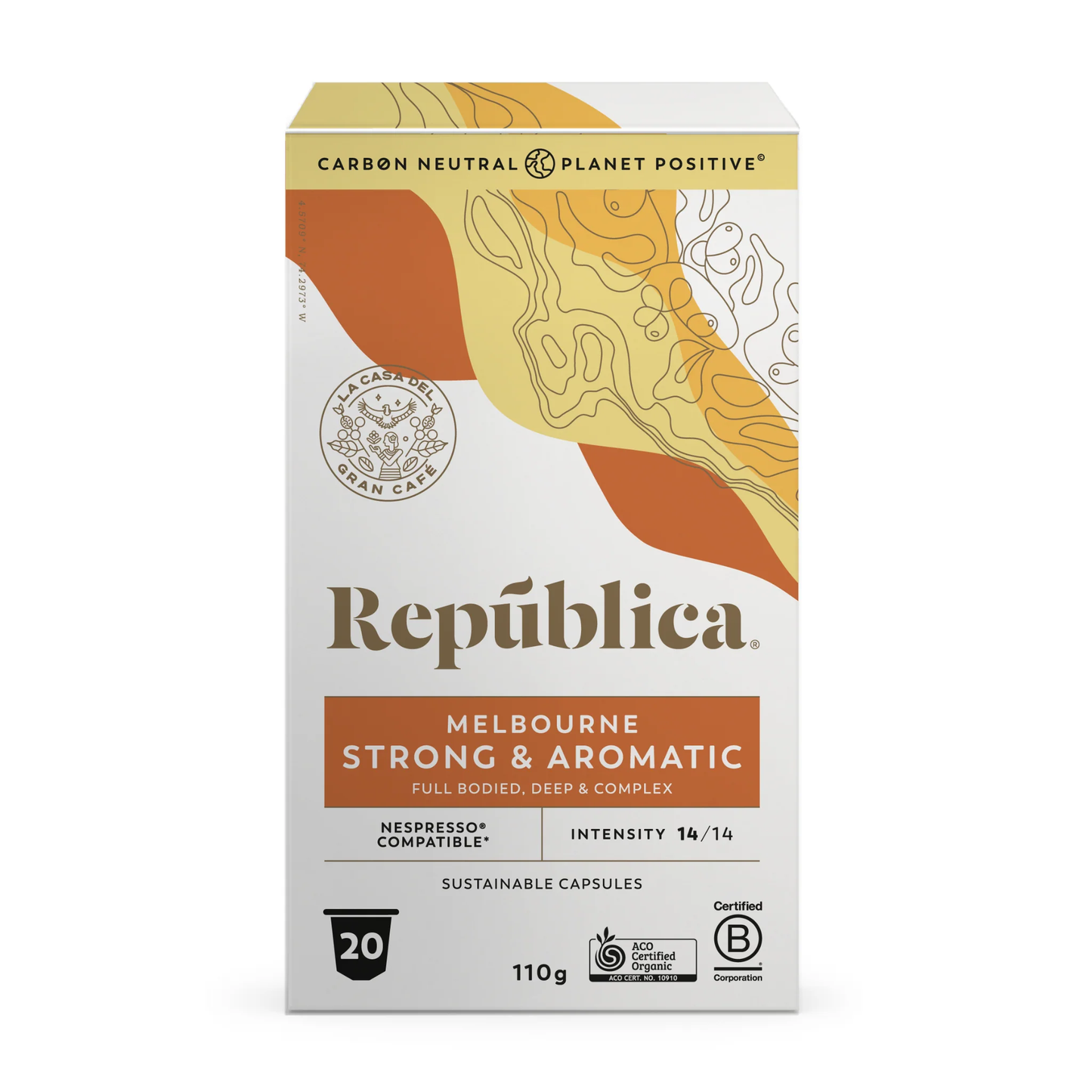 Republica Melbourne Coffee Pods - Full-bodied, compostable, 20 pack, intensity 14/14.
