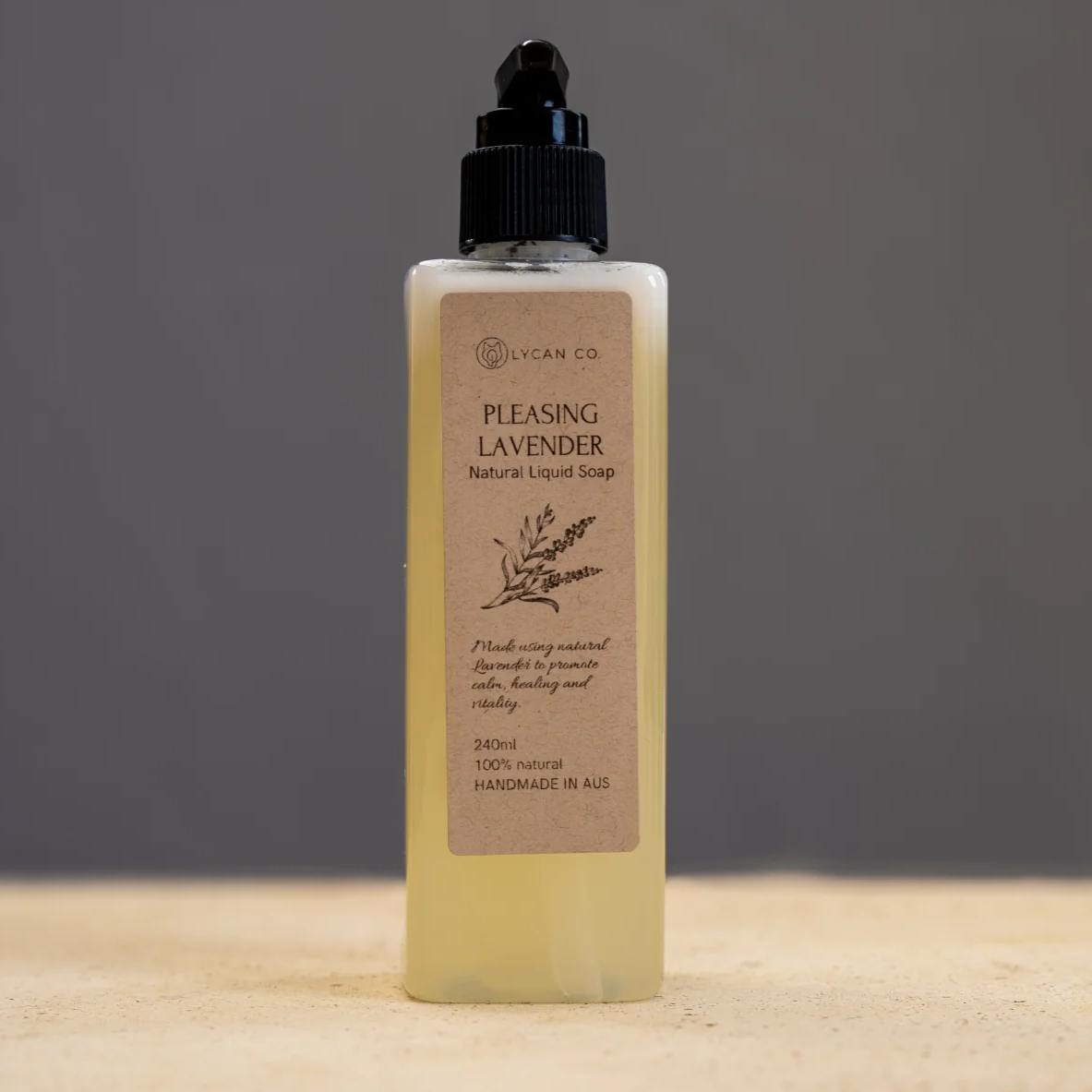 Lycan Co Pleasing Lavender Liquid Soap with dispenser pump, natural ingredients, 240ml bottle.