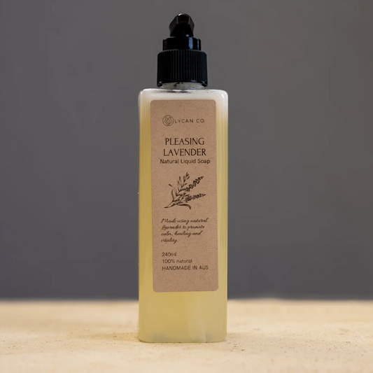 Lycan Co Pleasing Lavender Liquid Soap with dispenser pump, natural ingredients, 240ml bottle.