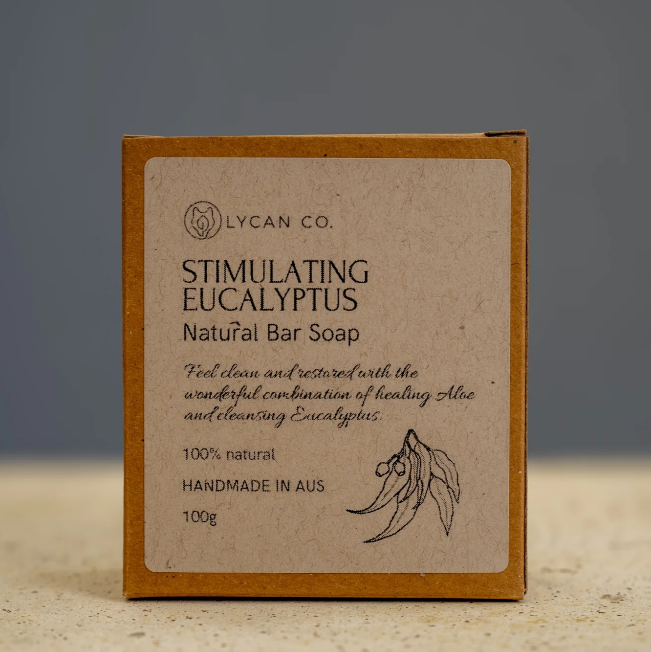 Lycan Co Stimulating Eucalyptus Soap Bar, natural handmade soap with eucalyptus and aloe vera, in eco-friendly packaging.