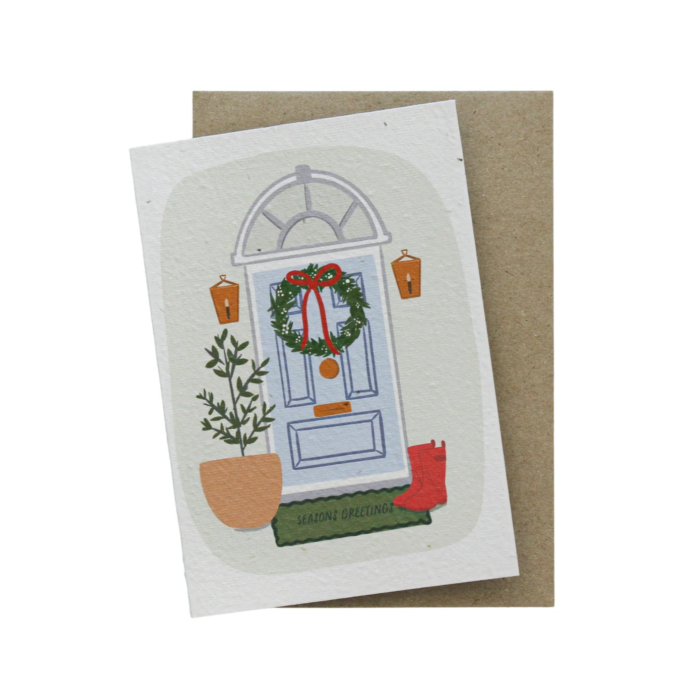 Seasons Greetings plantable card with a wreath on a blue door, potted plant, red boots, made from recycled seeded paper with envelope.