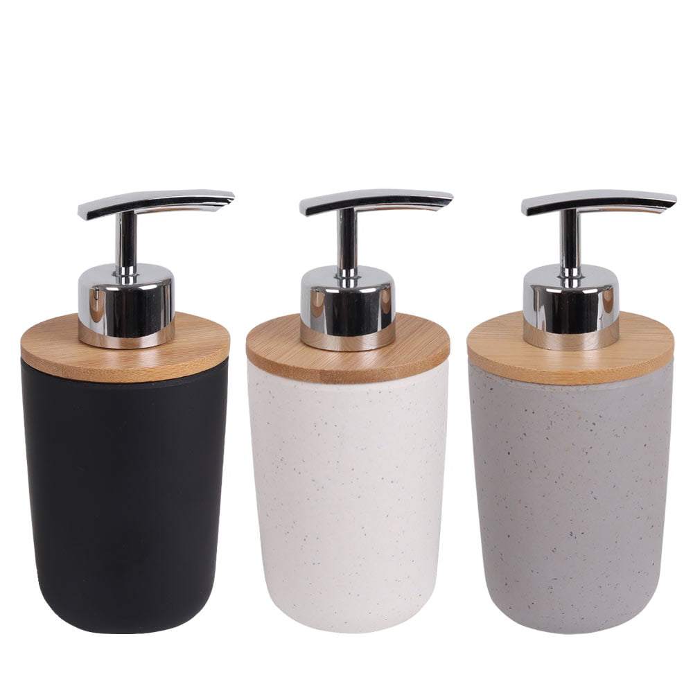 Eco Basics Bamboo Soap Pump in three finishes, sustainable bathroom accessory.