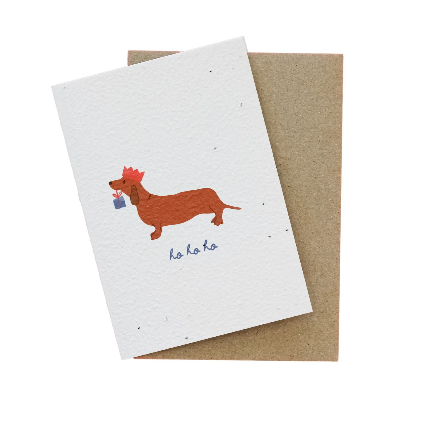 Ho Ho Ho plantable card with dachshund illustration on recycled seeded paper and brown envelope