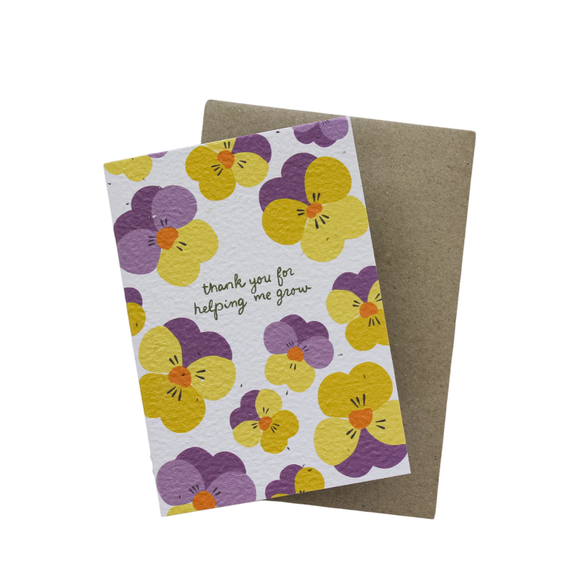 Plantable card with pansy design on seeded recycled paper, includes envelope.