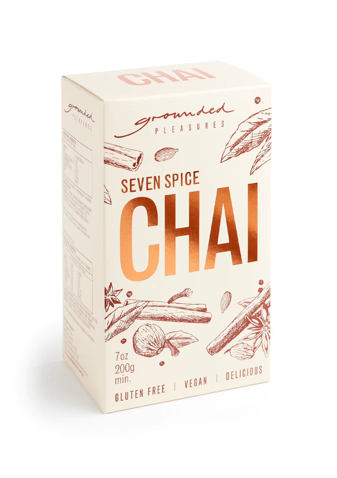 Grounded Pleasures - Seven Spiced ChaiA unique product of seven freshly ground spices, sourced directly from some of the world's finest spice farms. The spices are blended with an organic, unrefined jaggGrounded Pleasures