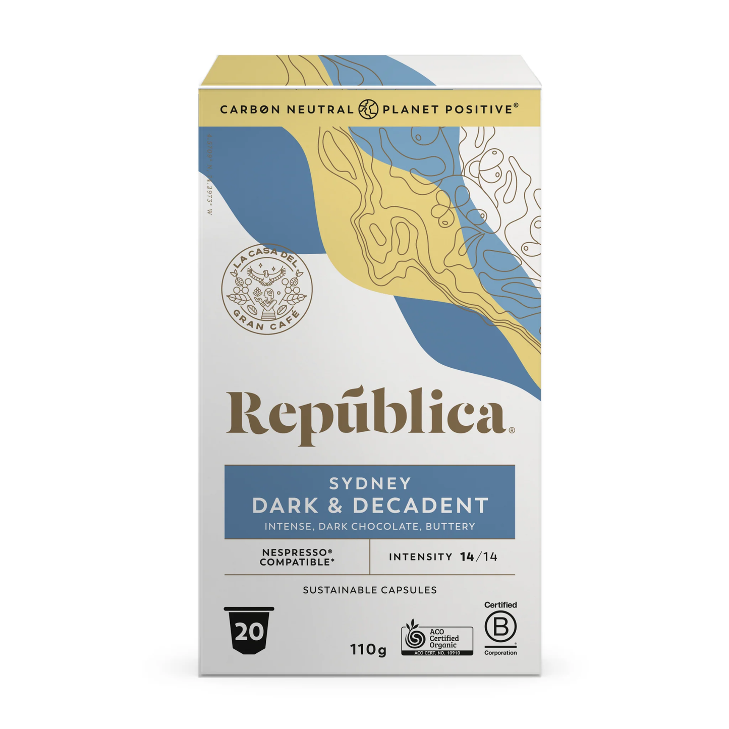 Republica Sydney Coffee 20 Pods, dark and intense flavor, Nespresso compatible, biodegradable.