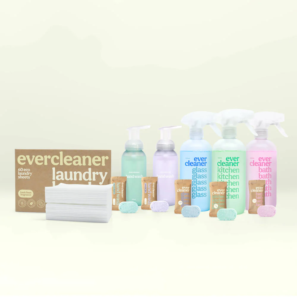 evercleaner Ultimate Saver Bundle with eco-friendly cleaning agents, reusable bottles, and detergent sheets.
