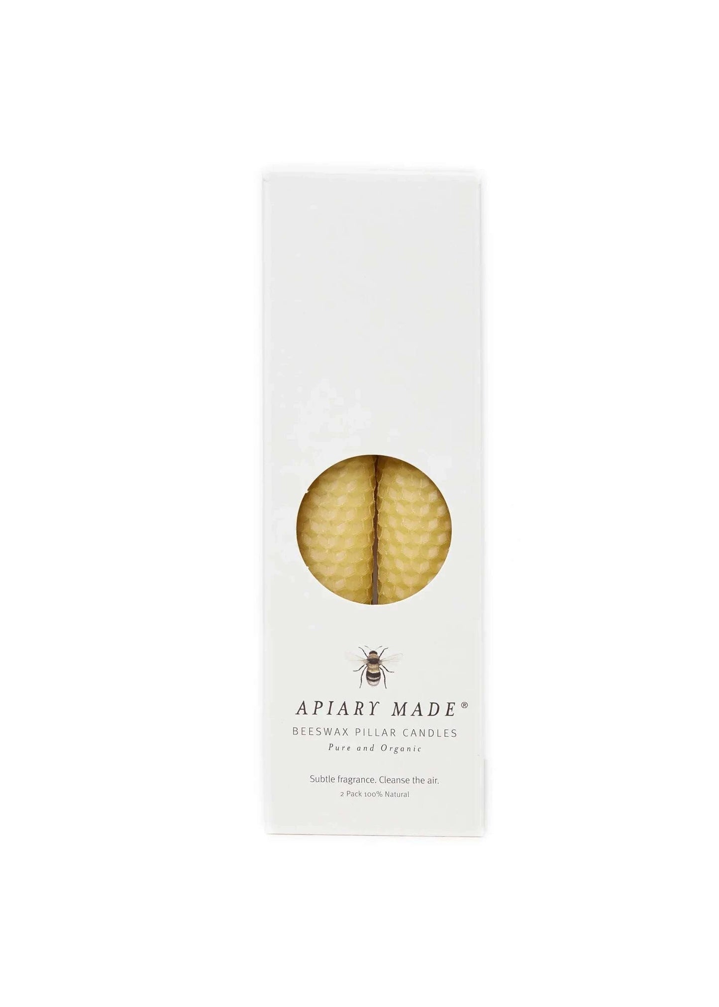 Apiary Made beeswax pillar candles two pack in box packaging.