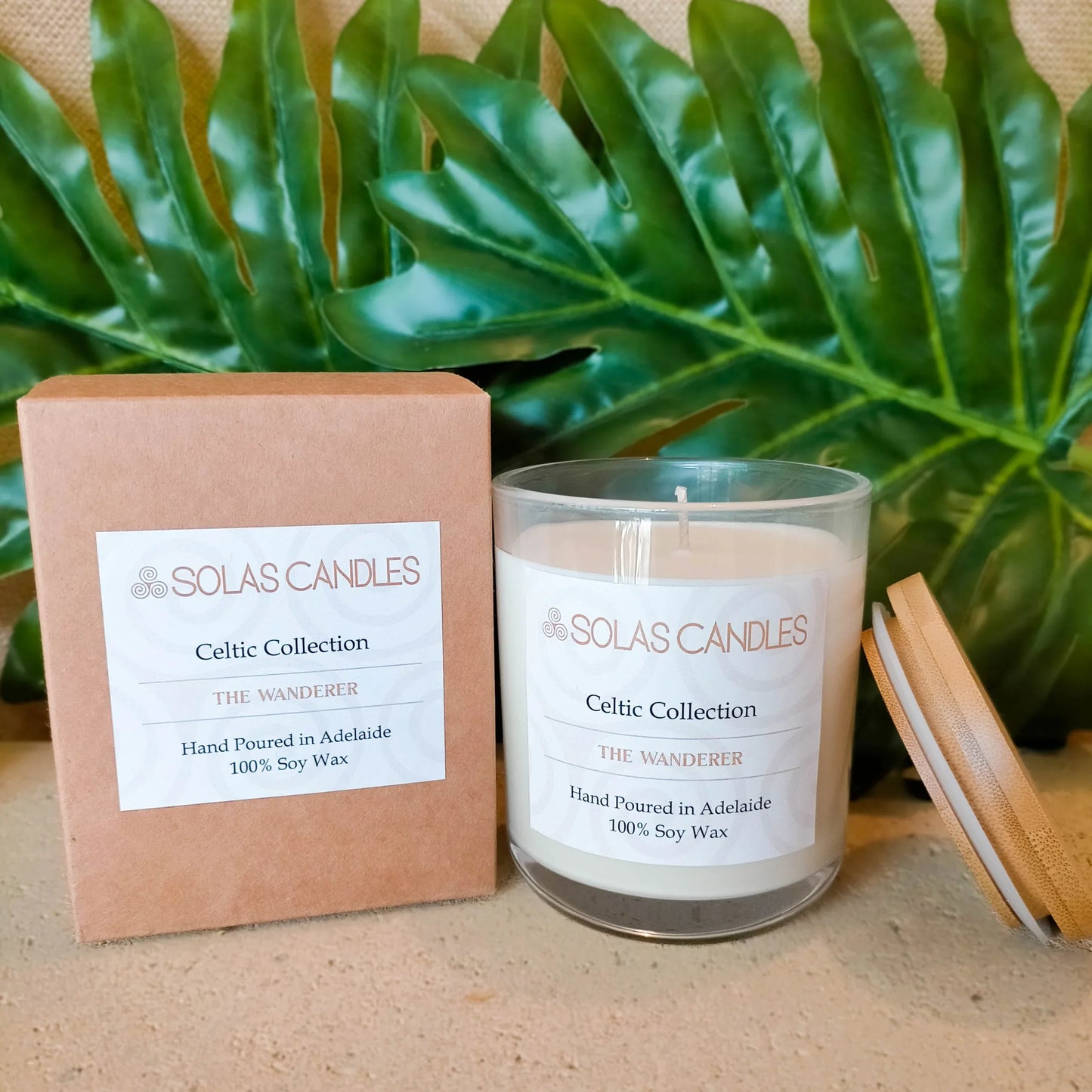 Solas Candles – Celtic Collection, The Wanderer, with pure essential oils in a glass jar alongside packaging.