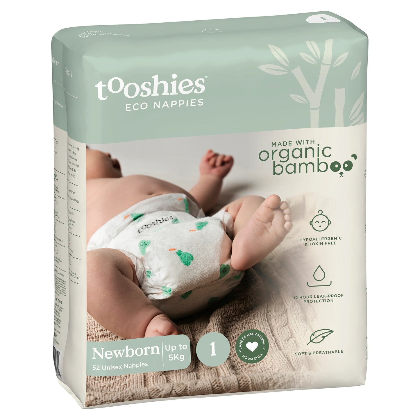 Tooshies eco-friendly disposable nappies with organic bamboo for newborns, 52 pack.