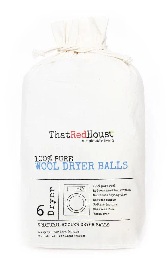 Red House Wool Dryer Balls in cotton packaging for eco-friendly laundry care.