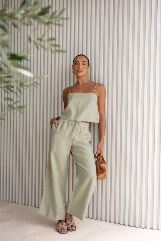 Bari Lounge Pants, lightweight linen crop and trousers, chic and effortless outfit.