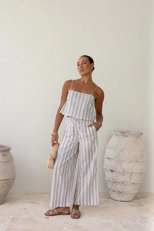 Lightweight W.two Bari Cropped Cami in striped linen with relaxed fit and adjustable straps.