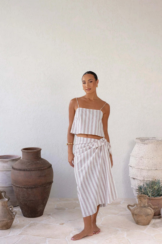 W.two - The Puglia Pareo in striped cotton linen, styled with matching crop top, inspired by Puglia.