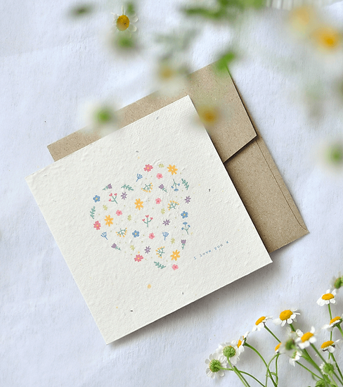 Nurturing Nature Cards - Floral Heart with daisies, eco-friendly plantable card and recycled envelope.