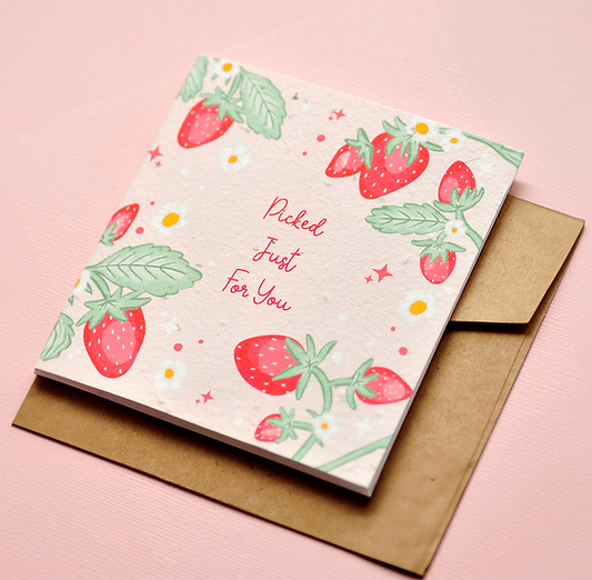 Nurturing Nature Cards - Strawberry Kisses plantable card with strawberries design and recycled envelope.