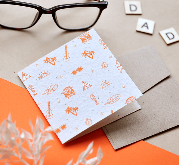 Nurturing Nature Cards plantable recycled card with orange sunset-themed icons and recycled paper envelope