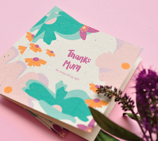 Eco-friendly Nurturing Nature Card with floral design saying Thanks Mum, plantable with embedded swan river daisies on recycled paper.