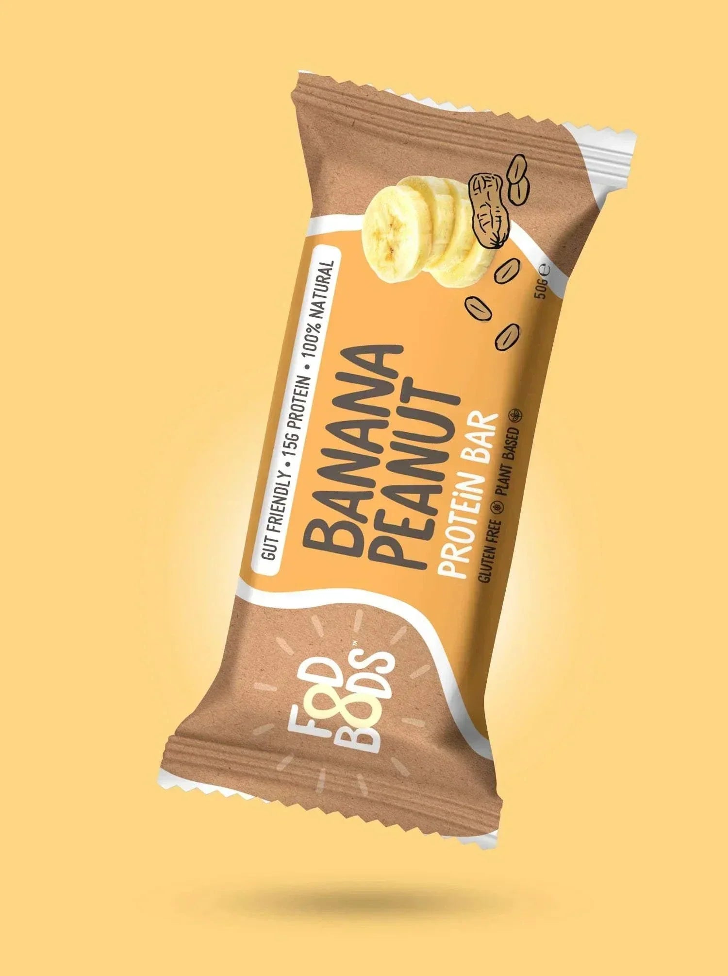 Fodbods Banana Peanut Butter Protein Bar, vegan and gluten-free healthy snack, made with natural ingredients and over 17g protein.