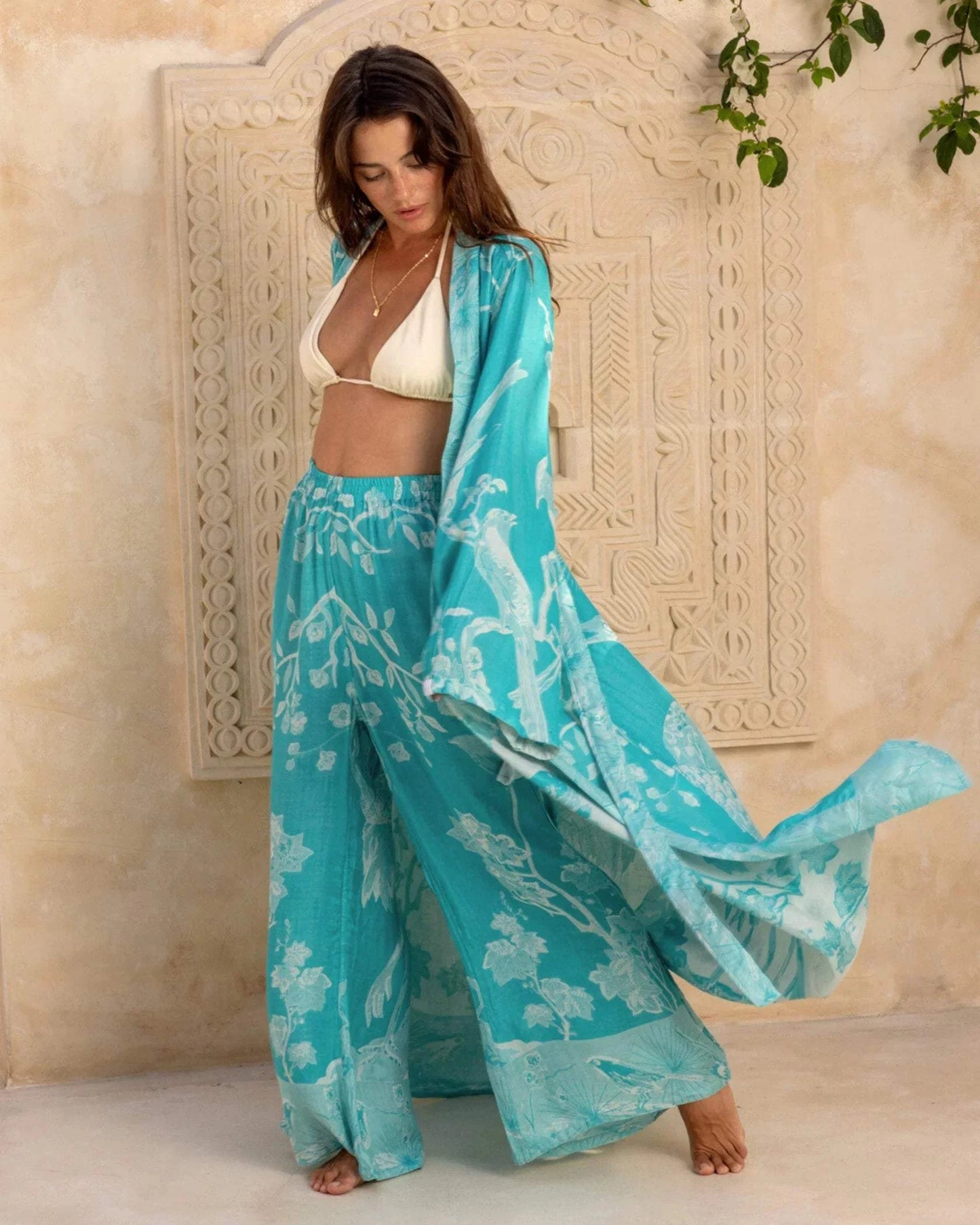 Eco-friendly maxi kaftan in blue, sustainable bamboo fabric, reversible design.