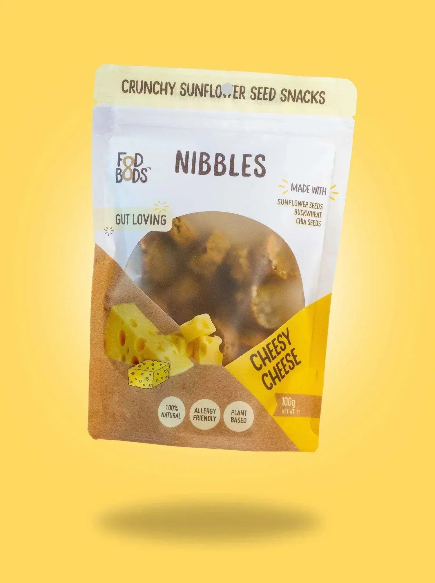 Fodbods Cheesy Cheese Nibbles, low FODMAP, gluten-free, plant-based snack in 100g pack.