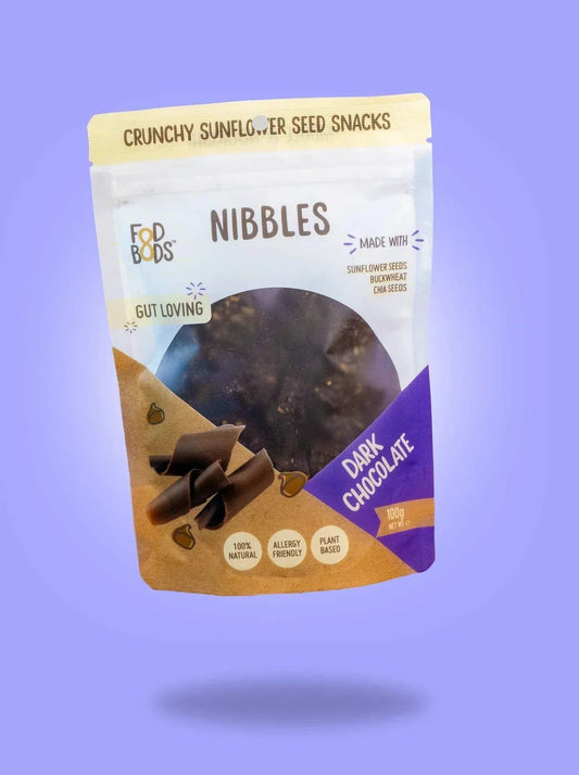 Fodbods Dark Chocolate Nibbles - crunchy sunflower seed bites with chia seeds and buckwheat, plant-based, gluten-free, and Australian made.