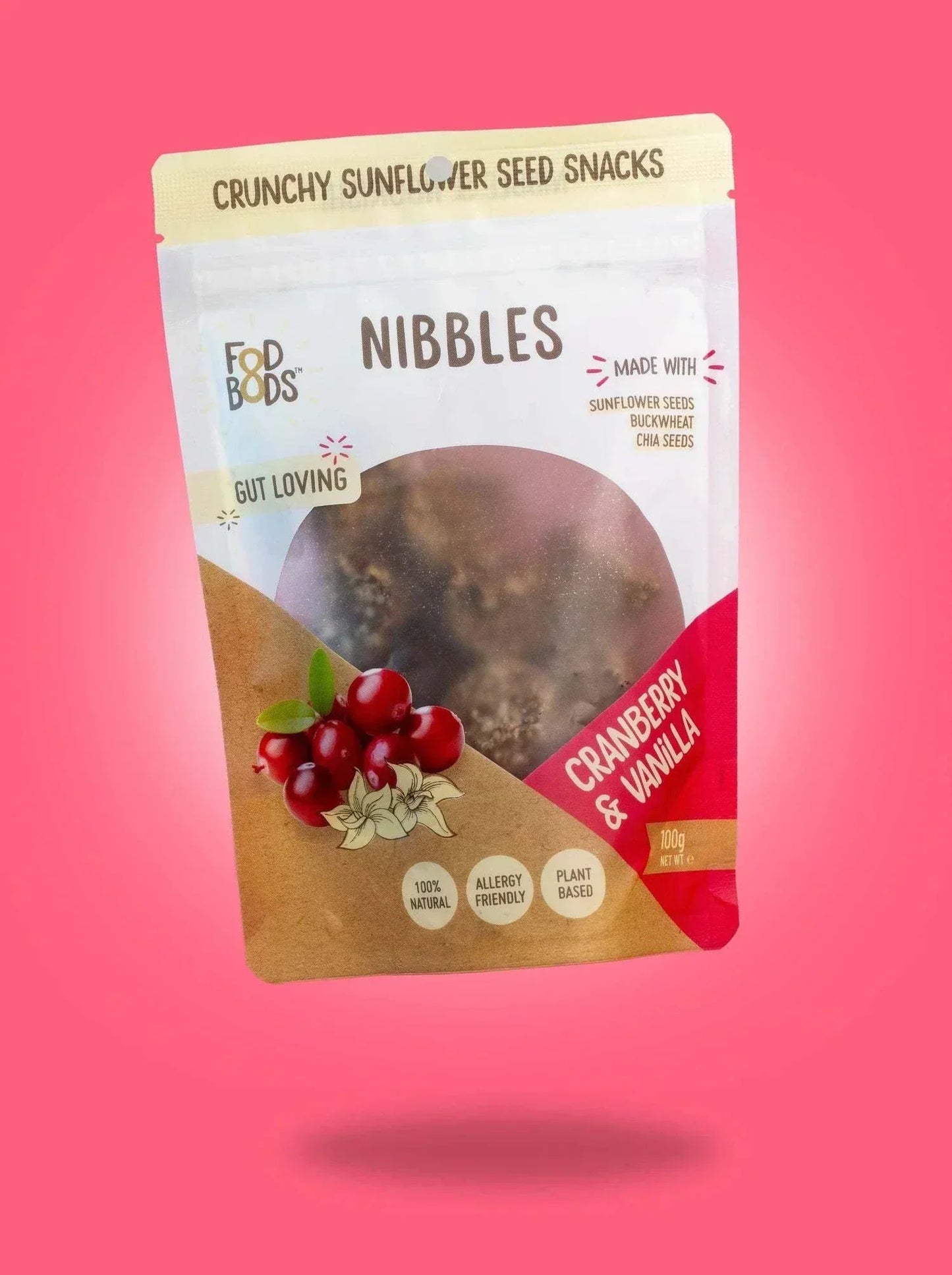 Fodbods Cranberry Vanilla Nibbles - Crunchy, sweet, fruity snack, perfect for trail mixes and grazing boards, gluten-free and allergen-free, 100g pack.