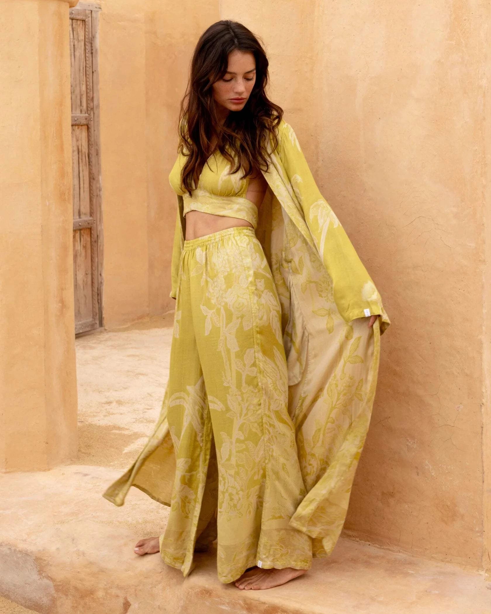 Eco-friendly maxi kaftan by Brahmaki in Fata Morgana design, reversible and sustainable.