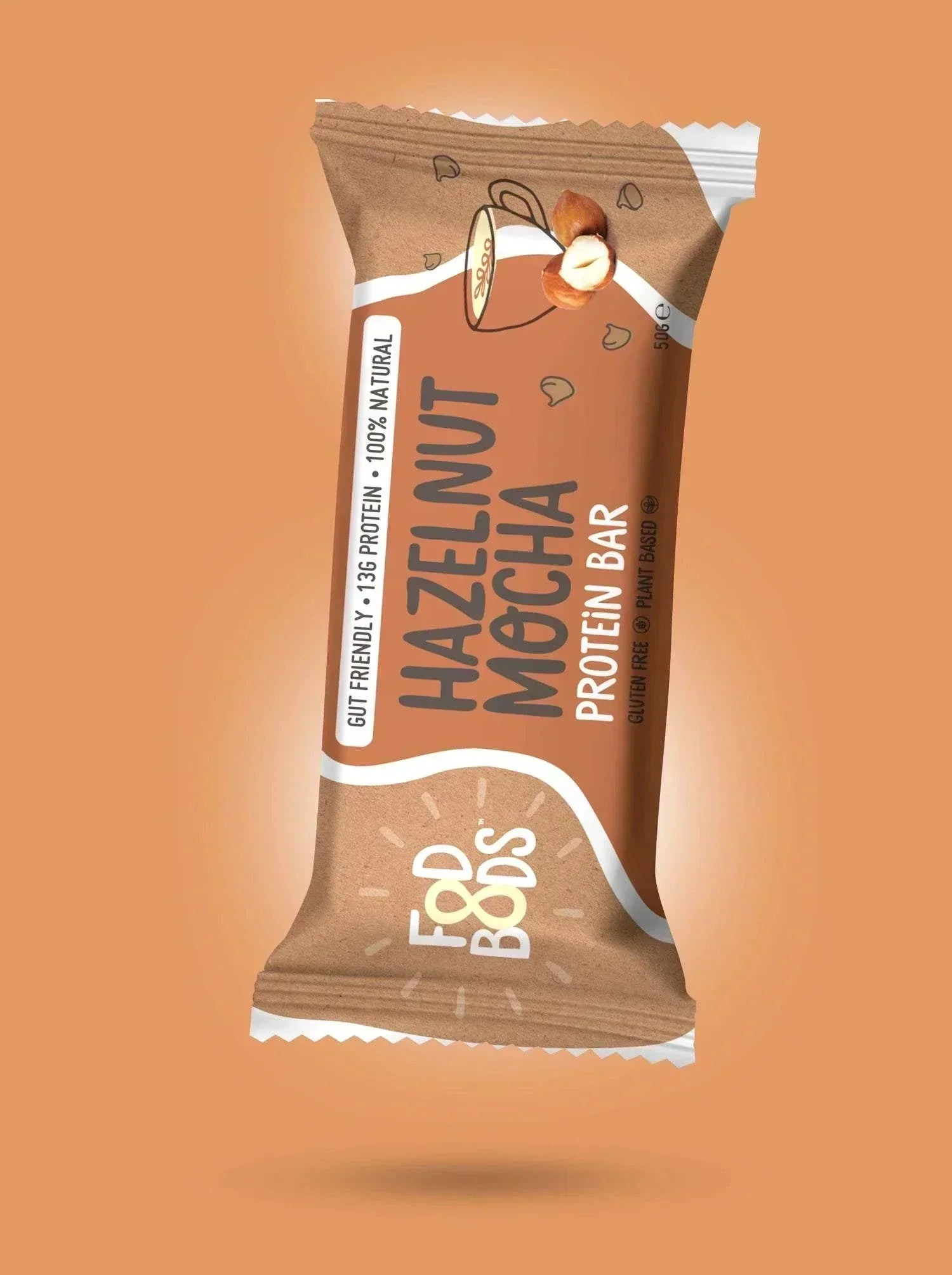 Fodbods Hazelnut Mocha Protein Bar in brown packaging with hazelnut and cocoa imagery.