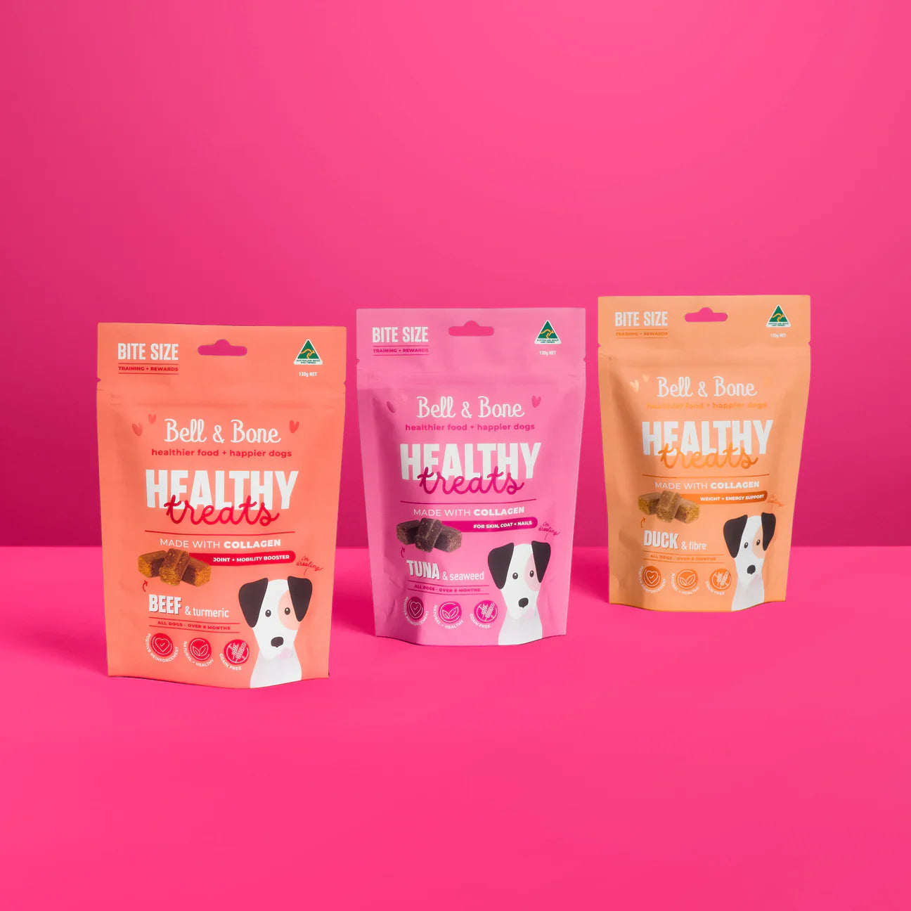 Bell and Bone Healthy Treats Bundle featuring beef, tuna, and duck flavors for dogs.