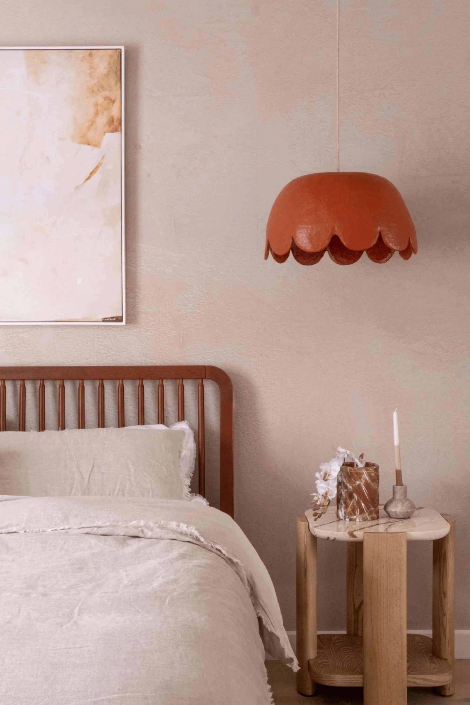 Her Hands - Pulp Pendant Lights (Scallop Pendant - Large) hanging in a cozy bedroom setting.