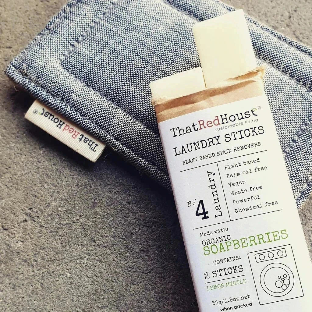 That Red House plant-based stain remover laundry sticks, 2 pack, featuring organic soapberries in eco-friendly packaging.