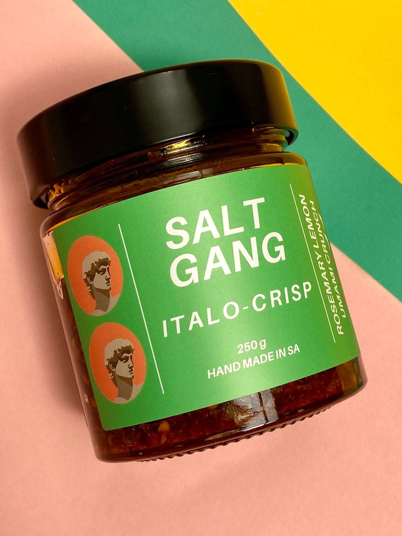 Salt Gang Italo Crisp 250g jar with vibrant label featuring Italian chili crisp infused with olive oil, garlic, and rosemary.