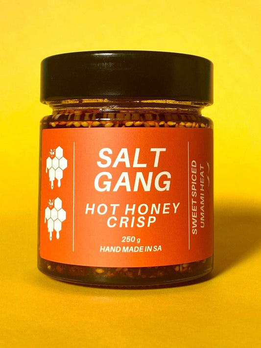 Salt Gang Hot Honey Crisp in a 250g glass jar with sweet spiced umami heat flavor.