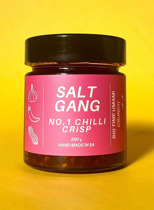 Salt Gang No. 1 Chilli Crisp in 250g glass jar with vibrant label featuring garlic, chili, and peanut icons.