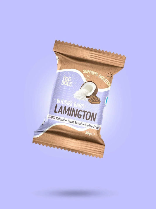 Fodbods Lamington Buddies bar, plant-based, gluten-free packaging.