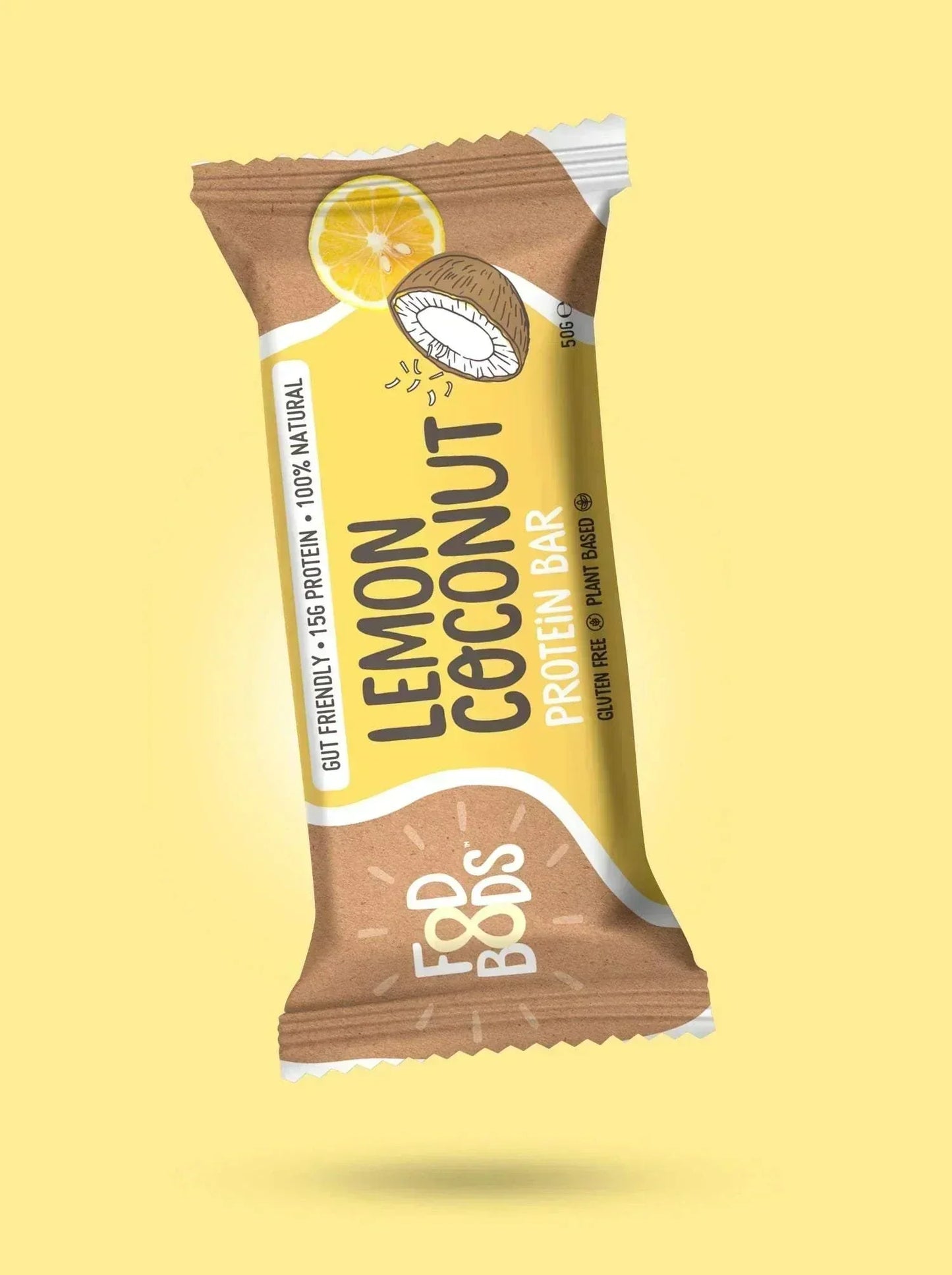 Fodbods Lemon Coconut Protein Bar, vegan, gluten-free, high protein, Australian made.