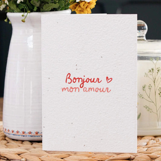 Hello Petal - Bonjour Plantable Card with recycled seeded paper featuring Swan River daisy seeds.