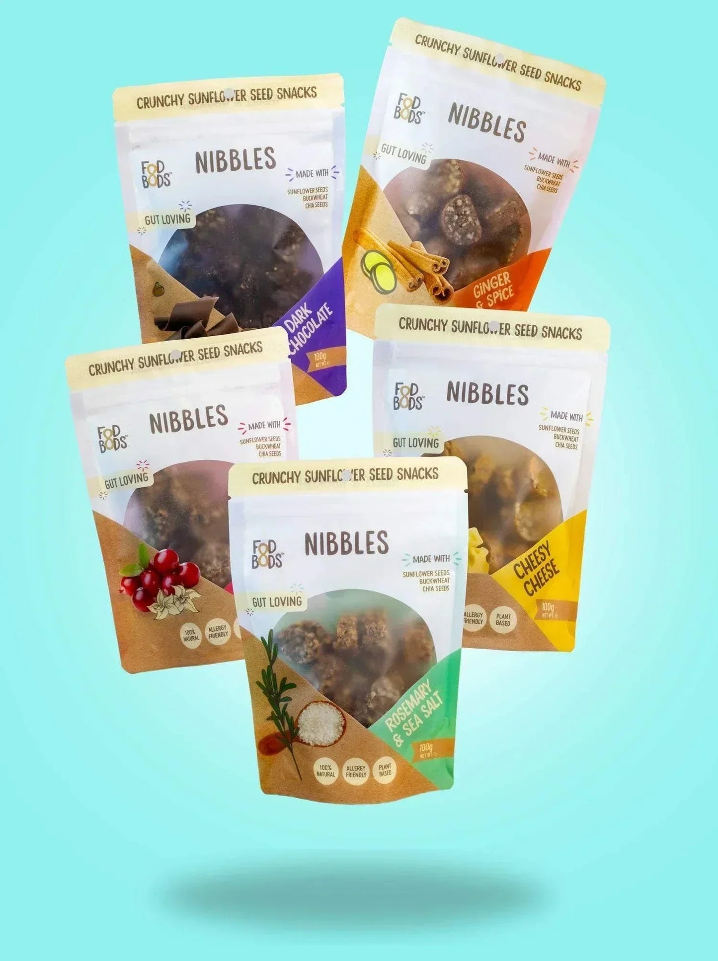 Nibbles Bundle with five flavors including Ginger and Spice, Dark Chocolate, Rosemary and Sea Salt, Cranberry and Vanilla, Cheesy Cheese.