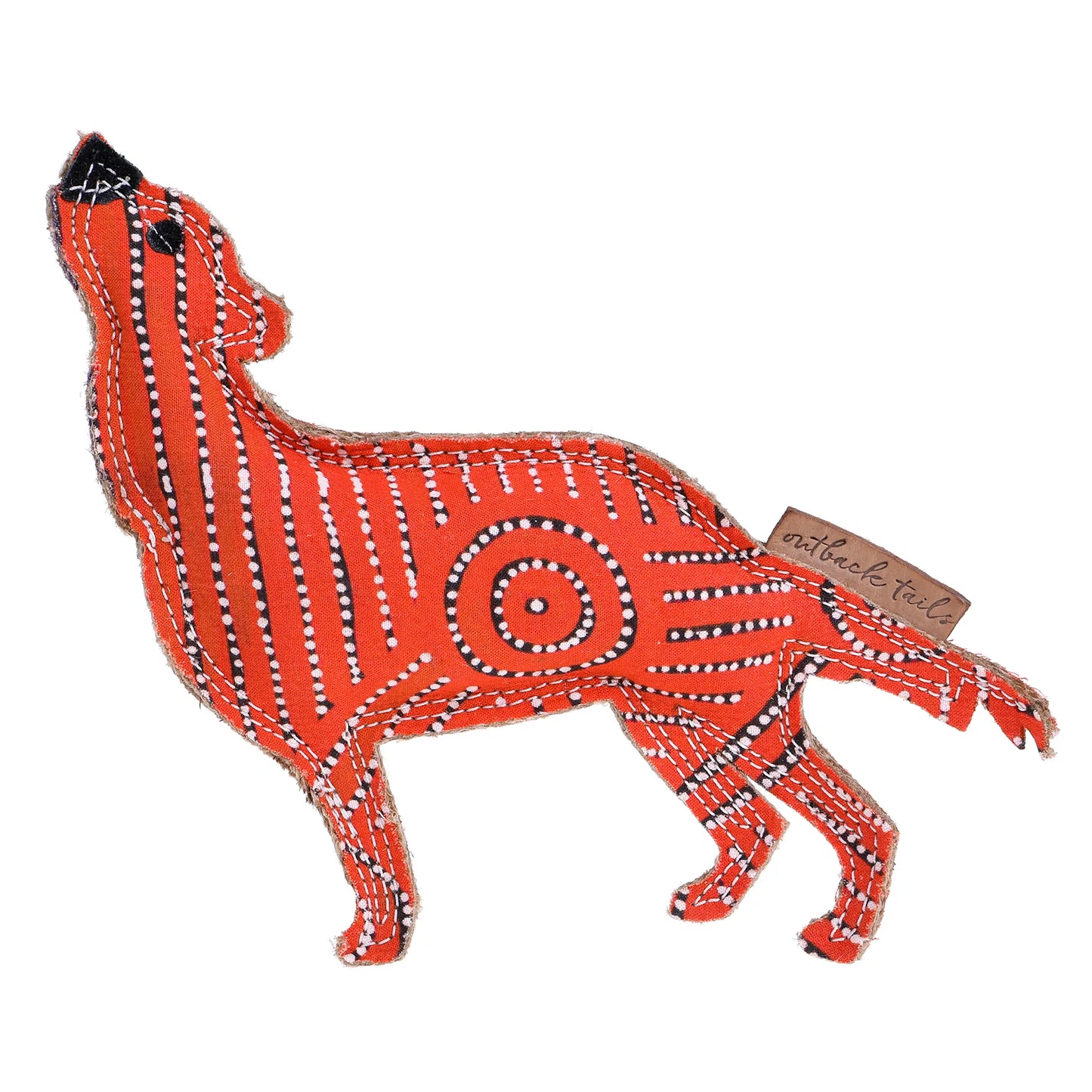 Outback Tails Desert Dog Chew Toy - Red Man with Water Dreaming artwork by Reanne Nampijinpa Brown, eco-friendly jute stuffing, strong double stitching, squeaker, azo-free dyes.